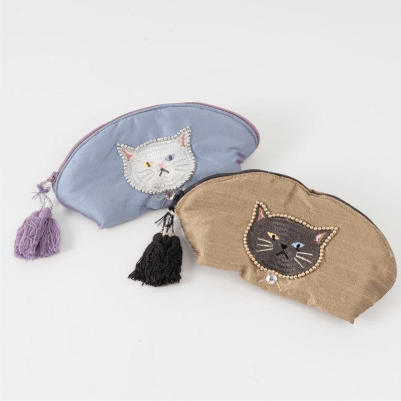 クラフトインディア/Craft Indiaねこのビーズ刺繍ミニポーチcat01