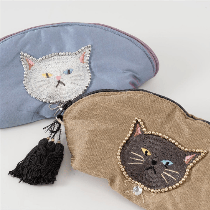 クラフトインディア/Craft Indiaねこのビーズ刺繍ミニポーチcat02